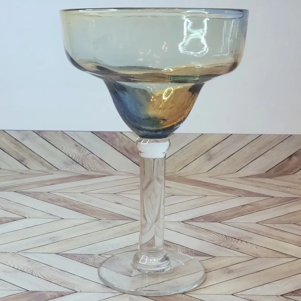 VTG Pier 1 Margarita Glasses Set Of 4 Ombré Amber Blue Swirl Barware Mouth Blown
